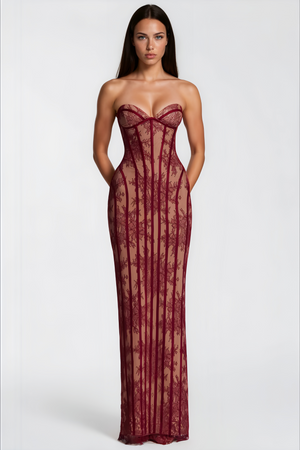 Aurohaya Urszula Red Floral Lace Corset Maxi Dress