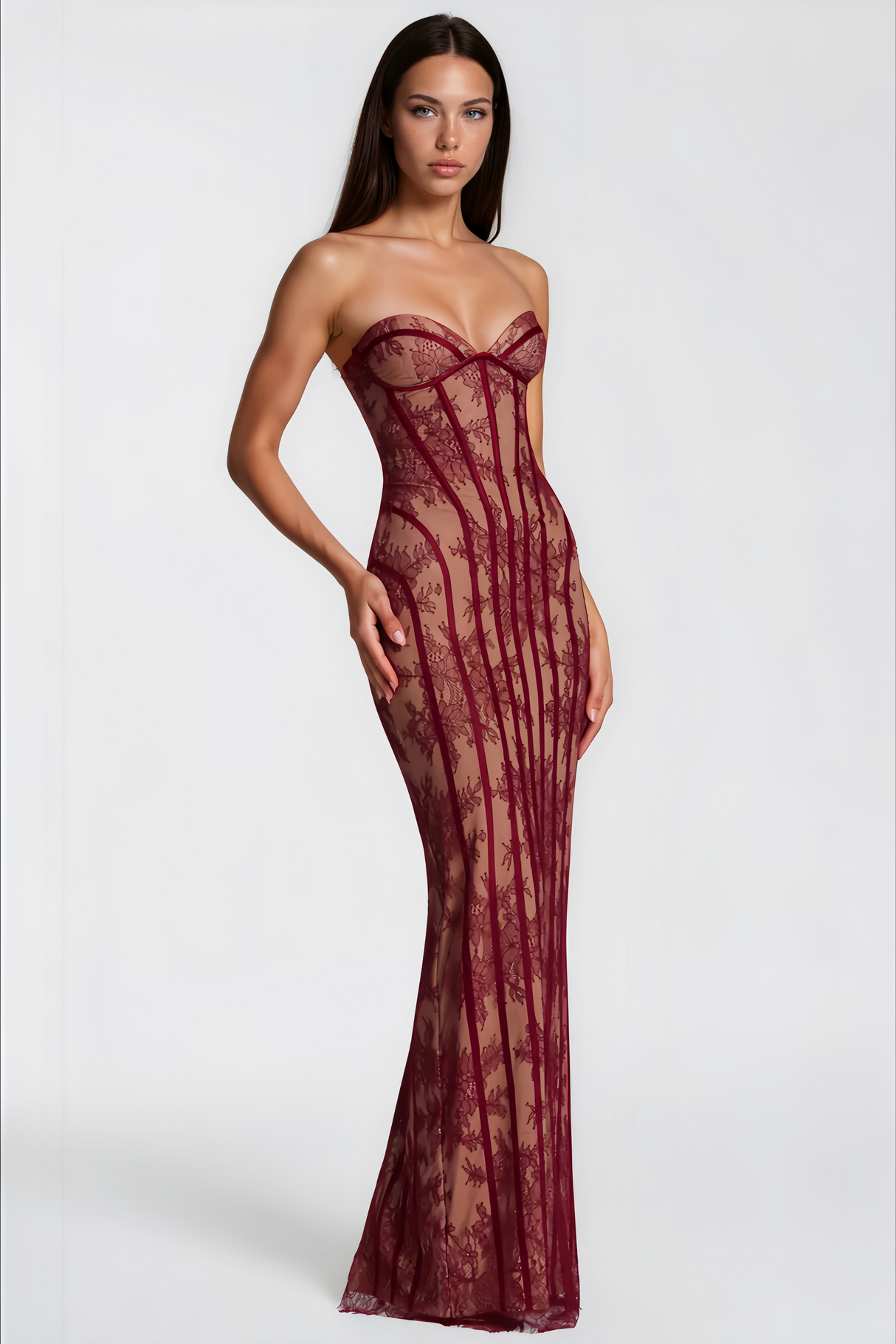 Aurohaya Urszula Red Floral Lace Corset Maxi Dress