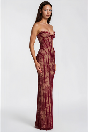 Aurohaya Urszula Red Floral Lace Corset Maxi Dress