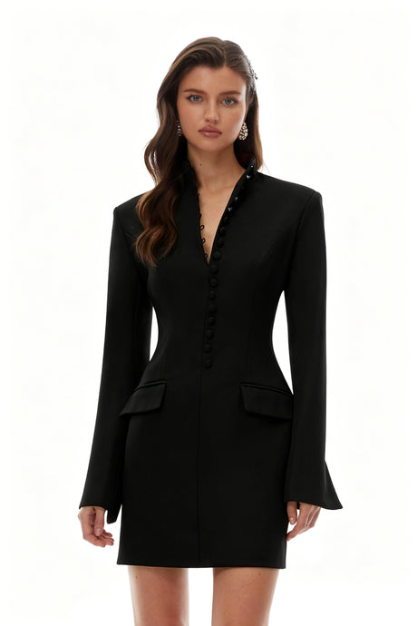 Aurohaya Valeria Black Stand Collar Long Sleeves Mini Dress