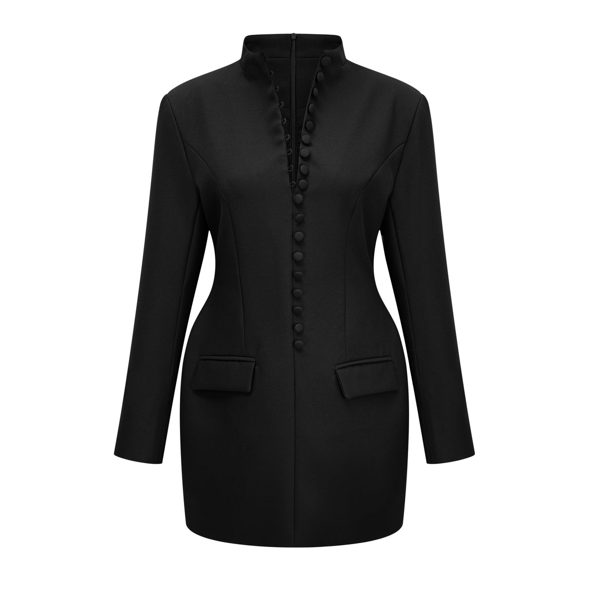 Aurohaya Valeria Black Stand Collar Long Sleeves Mini Dress