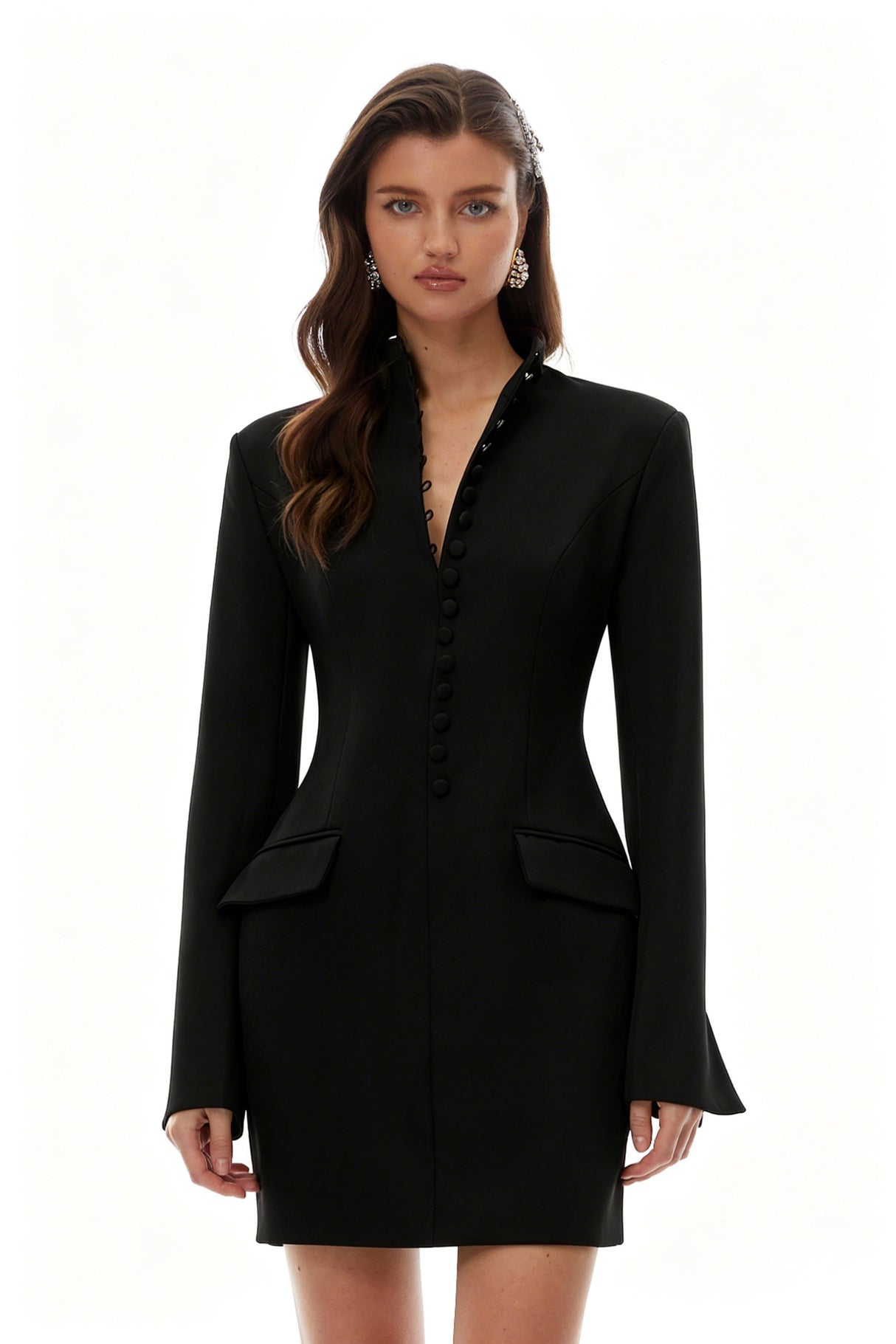 Aurohaya Valeria Black Stand Collar Long Sleeves Mini Dress