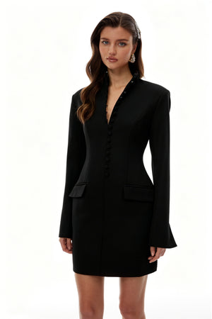 Aurohaya Valeria Black Stand Collar Long Sleeves Mini Dress