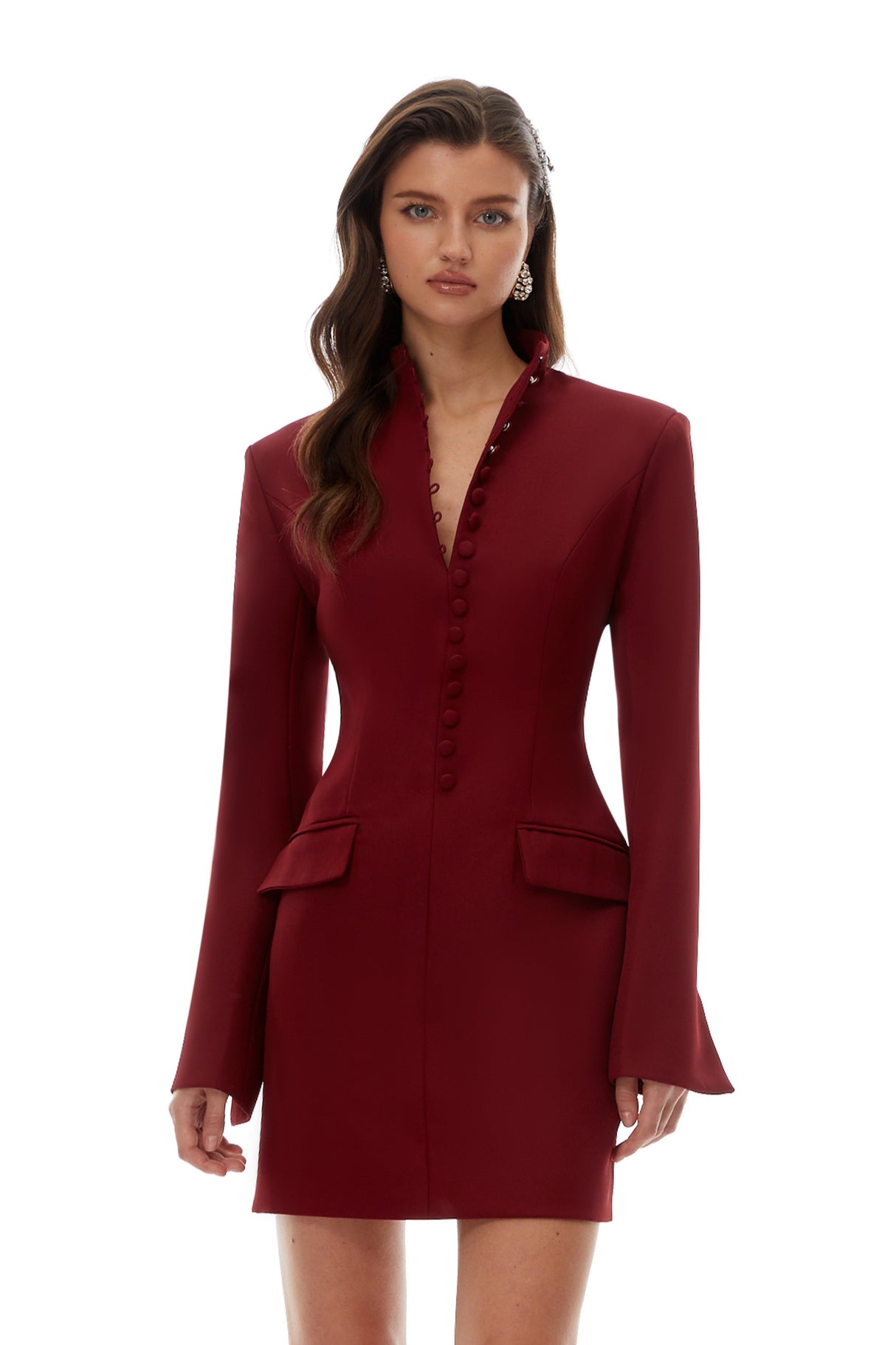 Aurohaya Valeria Burgundy Stand Collar Long Sleeve Mini Dress