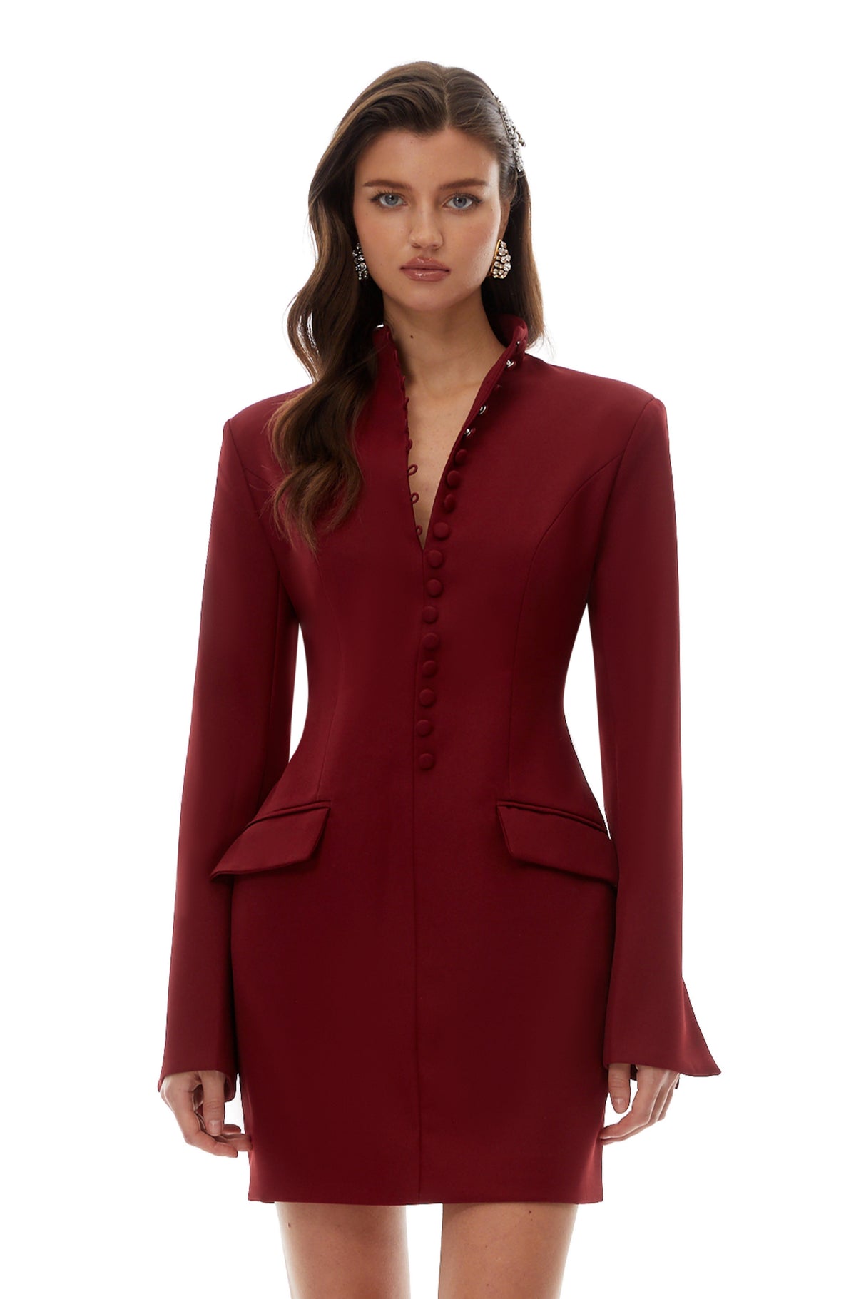 Aurohaya Valeria Burgundy Stand Collar Long Sleeve Mini Dress
