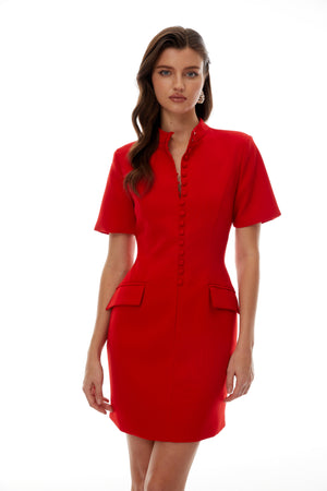Aurohaya Valeria Red Stand Collar Short Sleeves Mini Dress