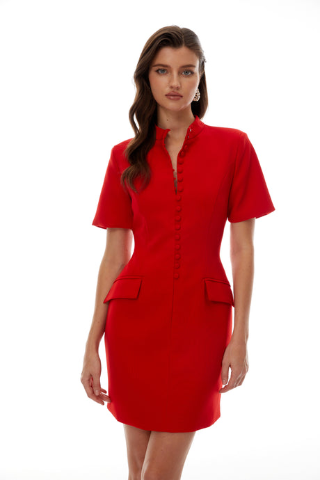 Aurohaya Valeria Red Stand Collar Short Sleeves Mini Dress