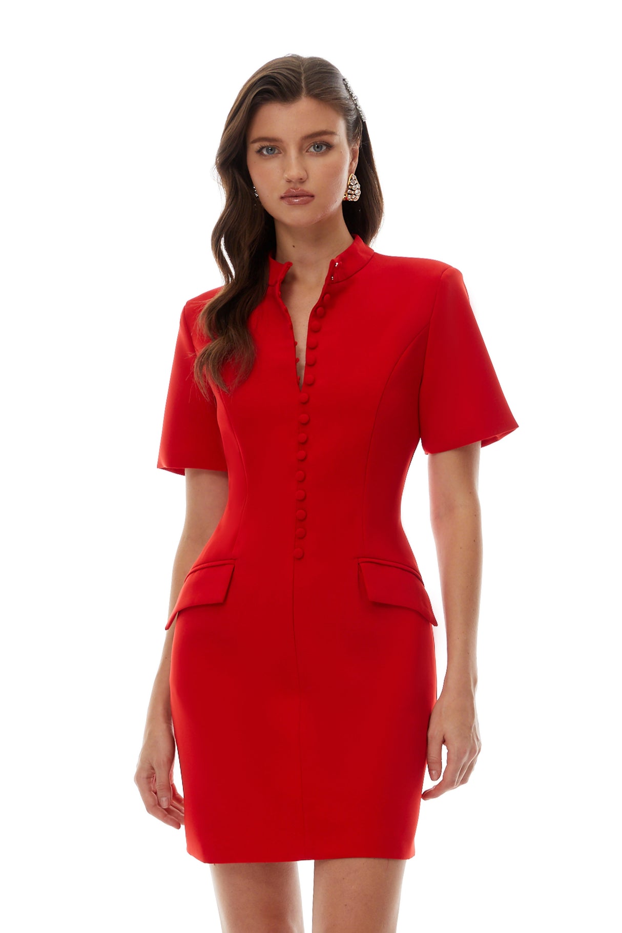 Aurohaya Valeria Red Stand Collar Short Sleeves Mini Dress