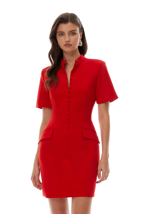 Aurohaya Valeria Red Stand Collar Short Sleeves Mini Dress