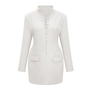 Aurohaya Valeria White Stand Collar Long Sleeves Mini Dress
