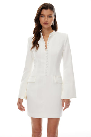 Aurohaya Valeria White Stand Collar Long Sleeves Mini Dress