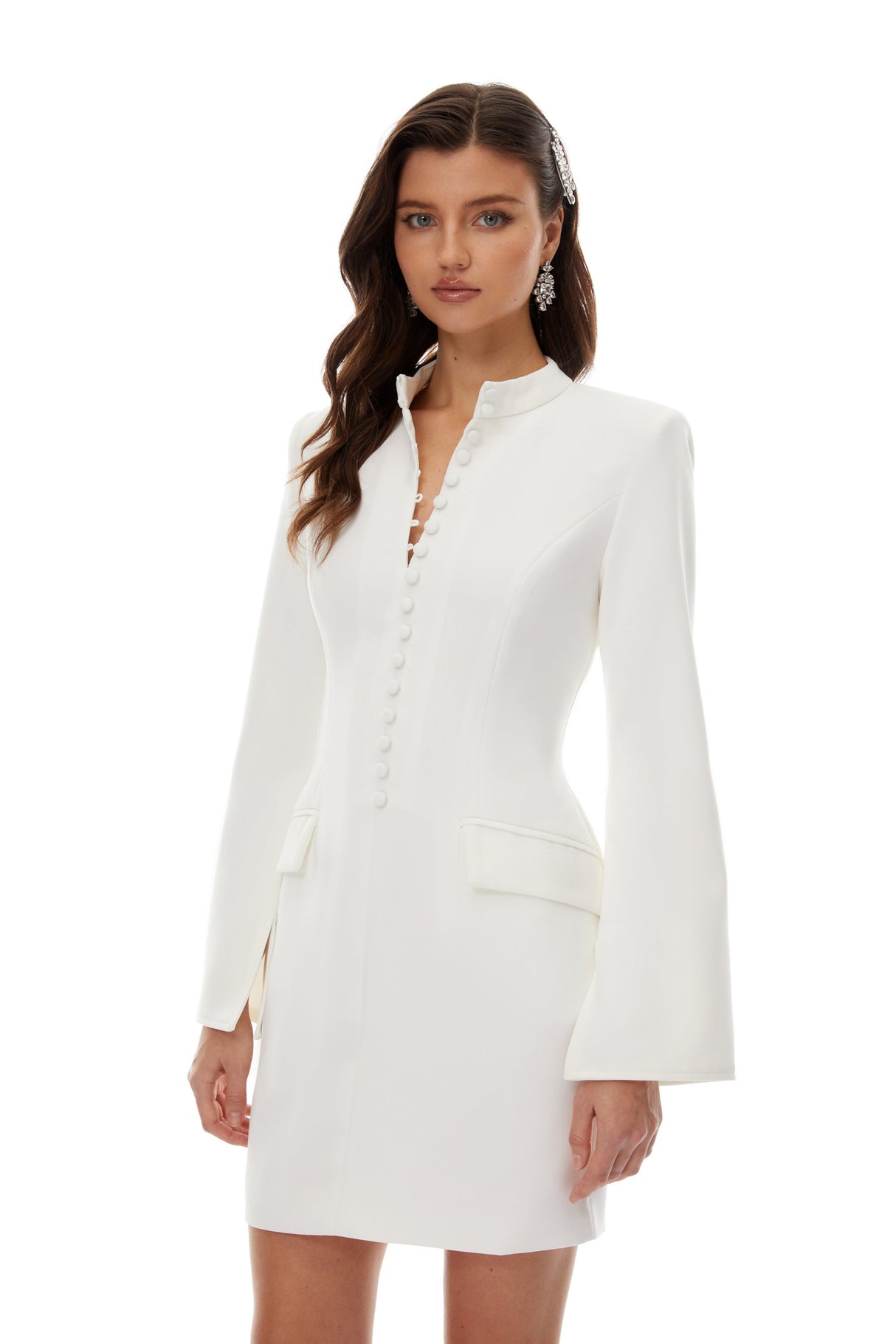 Aurohaya Valeria White Stand Collar Long Sleeves Mini Dress