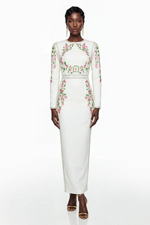 Aurohaya Vanessa White Floral Maxi Dress with Side Slit