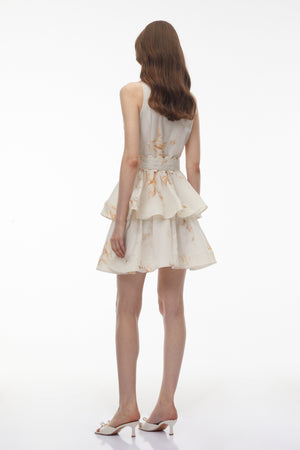 Aurohaya Vashti Neutral Tiered Ruffled Mini Dress