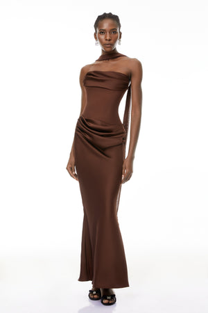 Aurohaya Vedette Brown Ruched Corset Maxi Dress (Without Gloves)