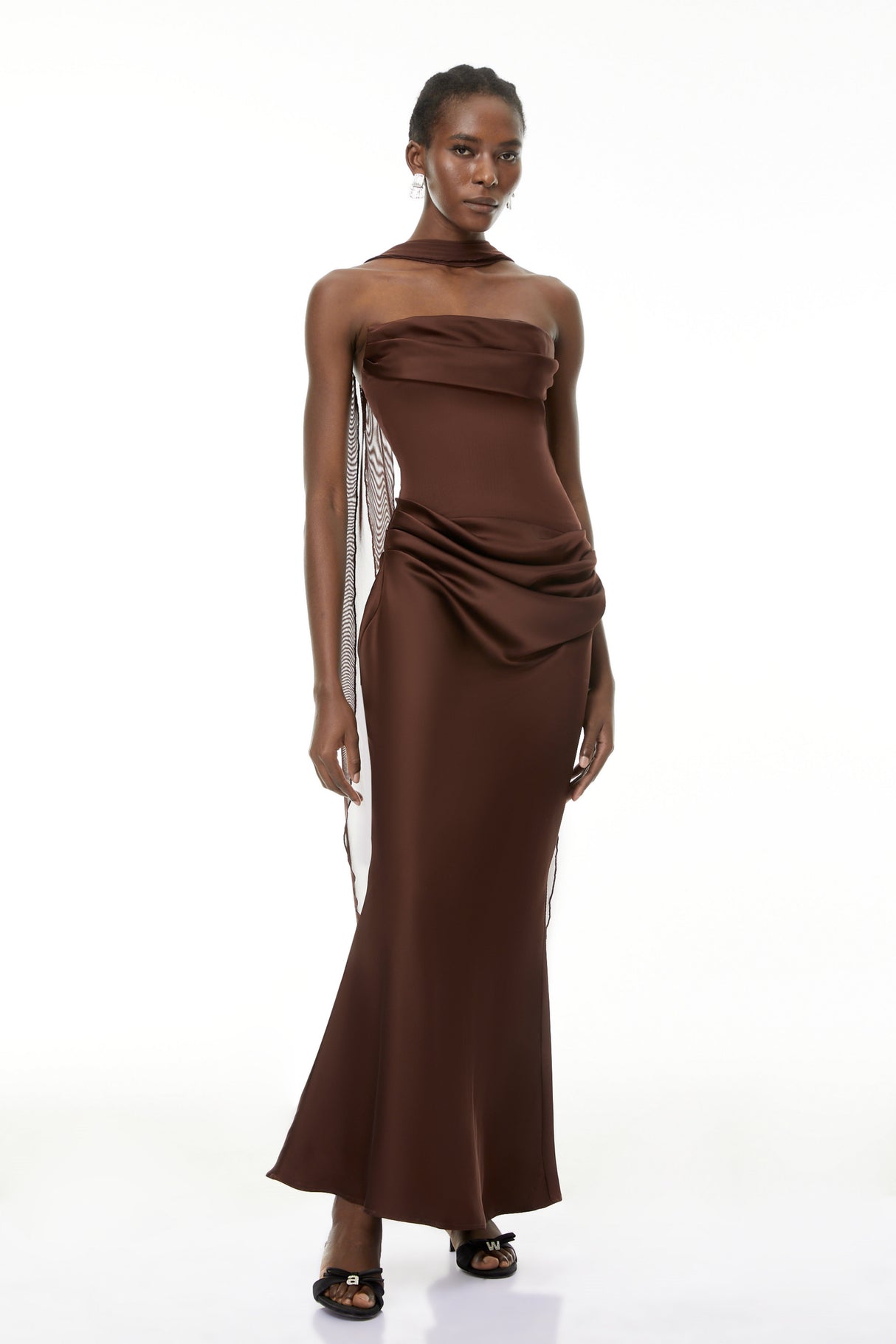 Aurohaya Vedette Brown Ruched Corset Maxi Dress (Without Gloves)