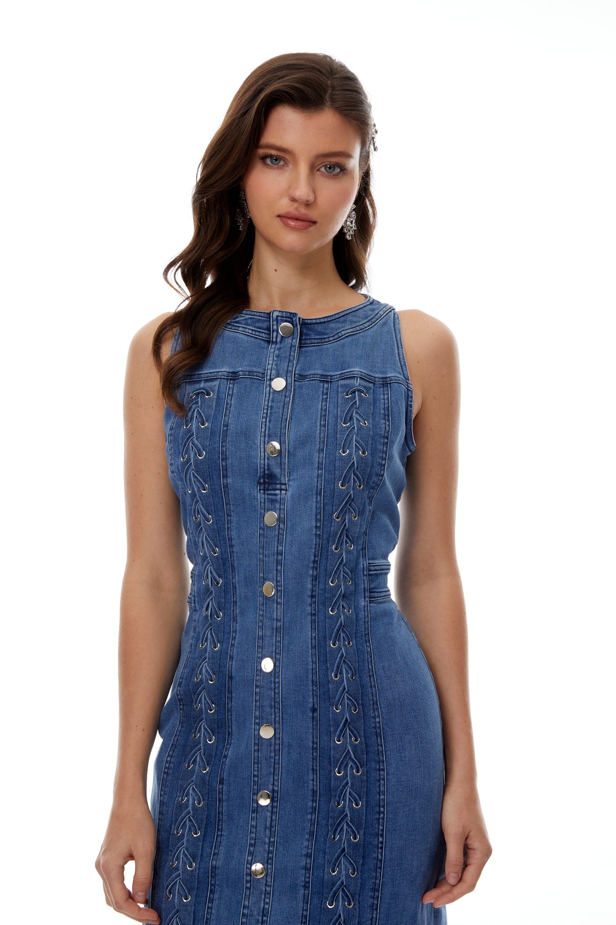 Aurohaya Veronika Blue Lace-Up Design Denim Mini Dress