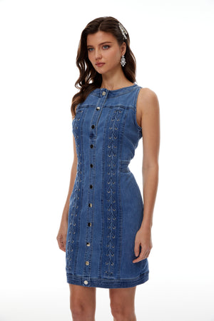 Aurohaya Veronika Blue Lace-Up Design Denim Mini Dress