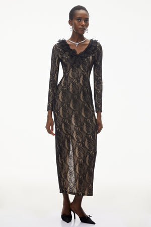 Aurohaya Vesna Black Ruffled Lace Midi Dress