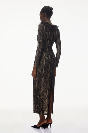 Aurohaya Vesna Black Ruffled Lace Midi Dress