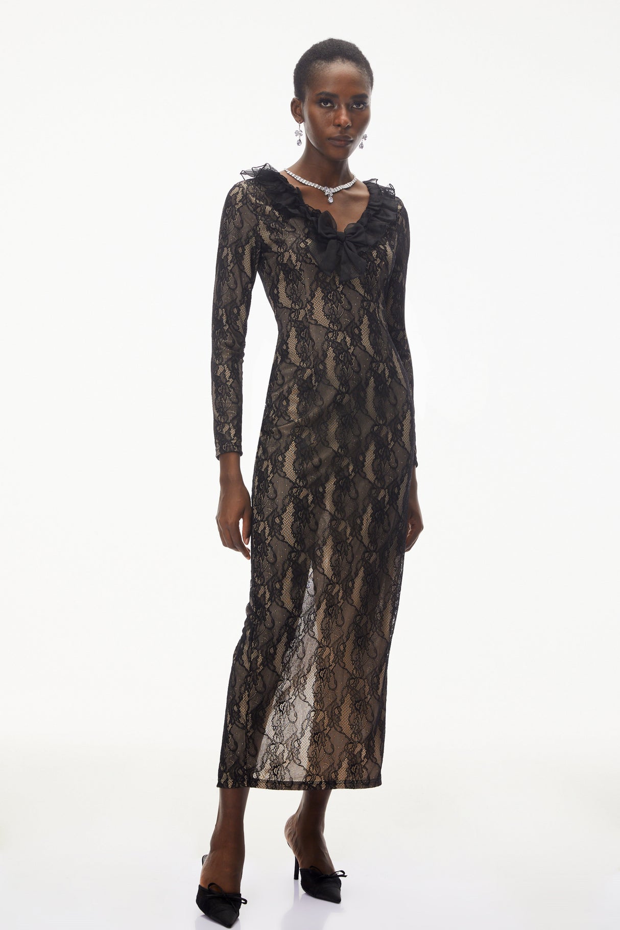 Aurohaya Vesna Black Ruffled Lace Midi Dress