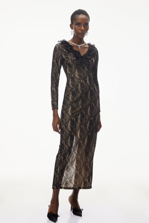 Aurohaya Vesna Black Ruffled Lace Midi Dress