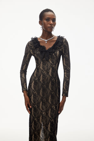 Aurohaya Vesna Black Ruffled Lace Midi Dress
