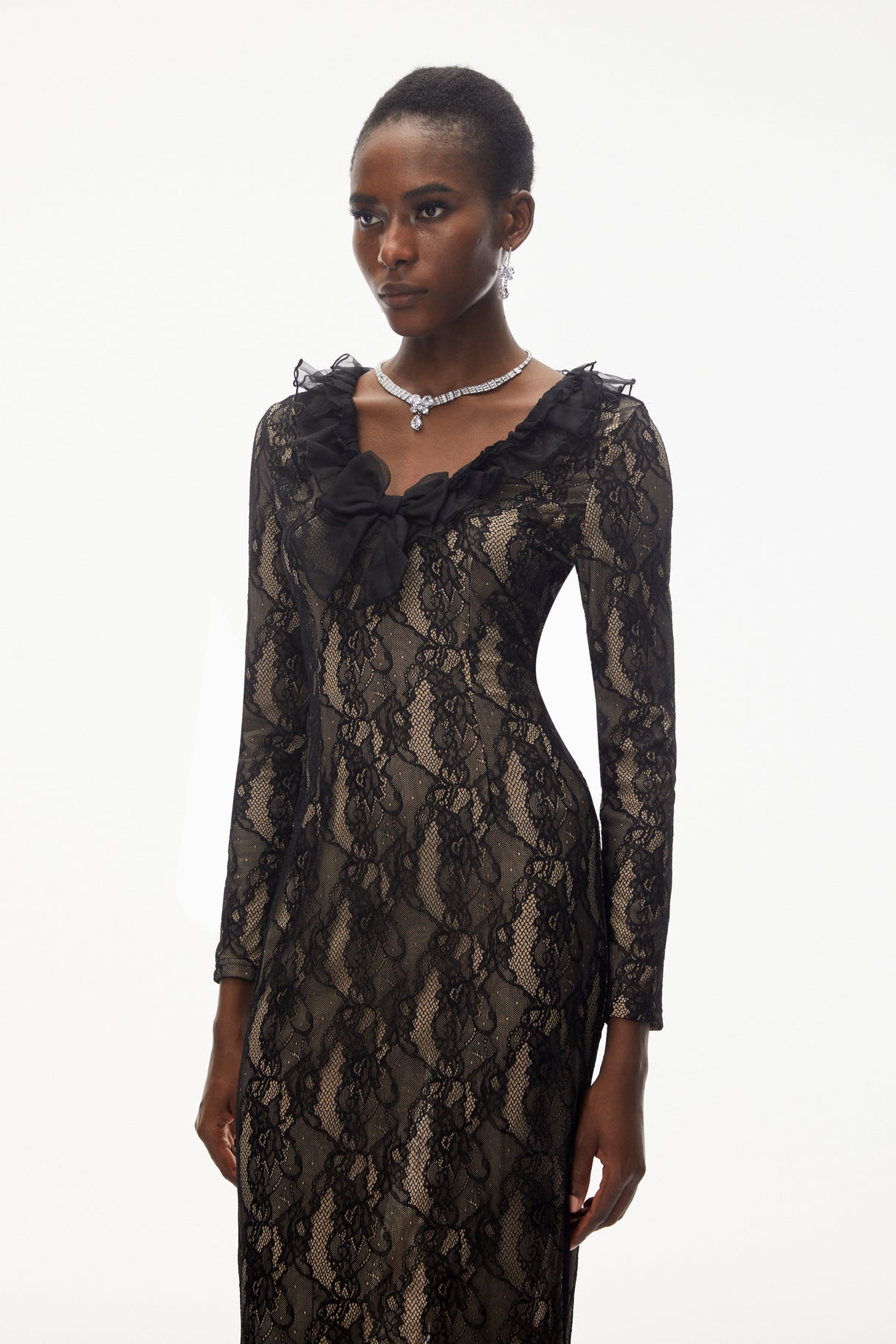 Aurohaya Vesna Black Ruffled Lace Midi Dress