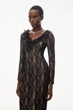 Aurohaya Vesna Black Ruffled Lace Midi Dress