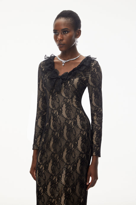 Aurohaya Vesna Black Ruffled Lace Midi Dress