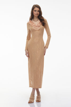 Aurohaya Vesna Neutral Ruffled Lace Midi Dress