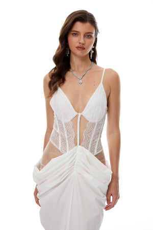 Aurohaya Viktoria White Semi-Sheer Lace Panel Maxi Dress