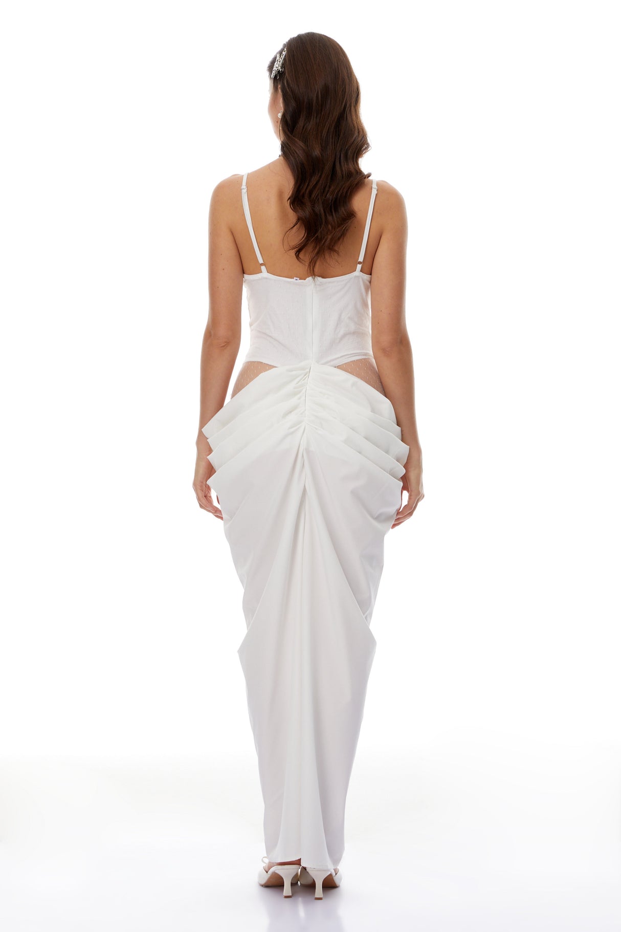 Aurohaya Viktoria White Semi-Sheer Lace Panel Maxi Dress