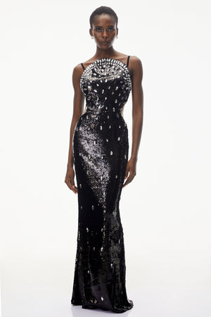 Aurohaya Violet Black Embellished Overlay Maxi Dress