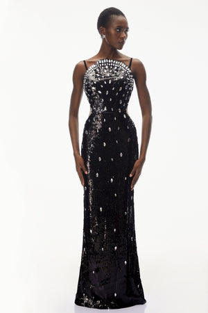 Aurohaya Violet Black Embellished Overlay Maxi Dress