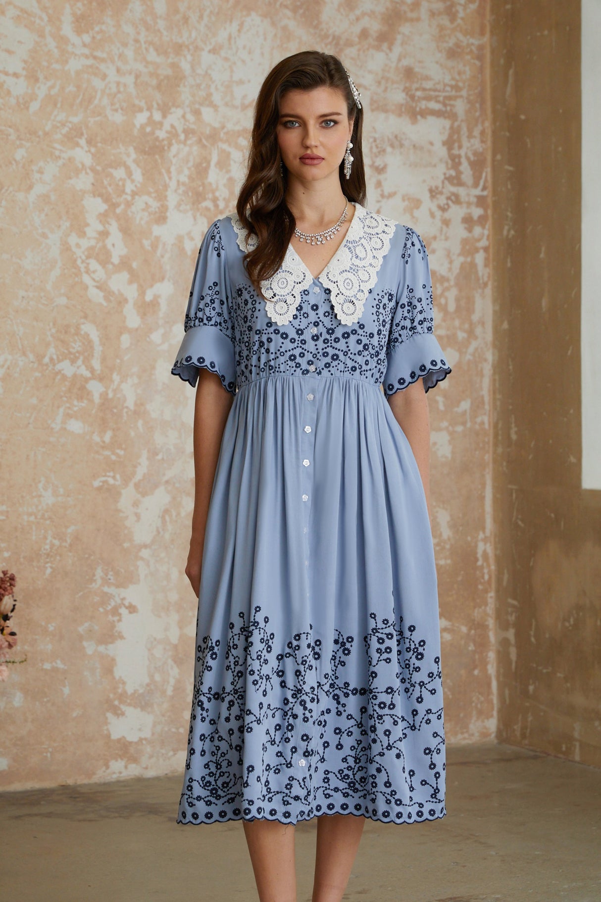 Aurohaya Violet Blue Floral Embroidered Midi Dress with Lace Lapels