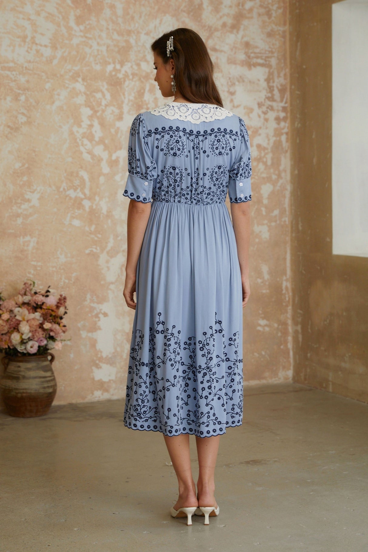 Aurohaya Violet Blue Floral Embroidered Midi Dress with Lace Lapels