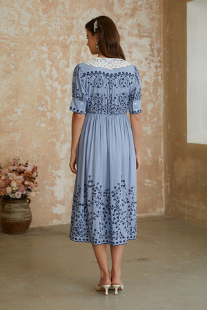 Aurohaya Violet Blue Floral Embroidered Midi Dress with Lace Lapels
