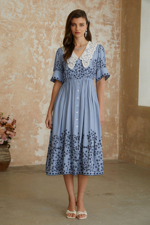 Aurohaya Violet Blue Floral Embroidered Midi Dress with Lace Lapels