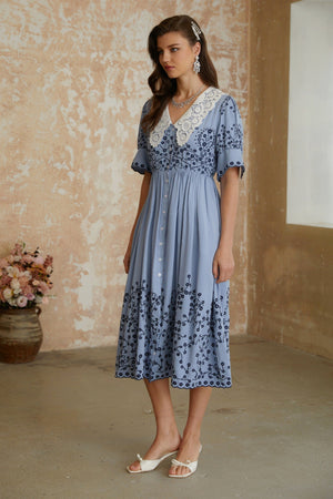 Aurohaya Violet Blue Floral Embroidered Midi Dress with Lace Lapels