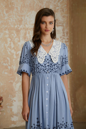Aurohaya Violet Blue Floral Embroidered Midi Dress with Lace Lapels