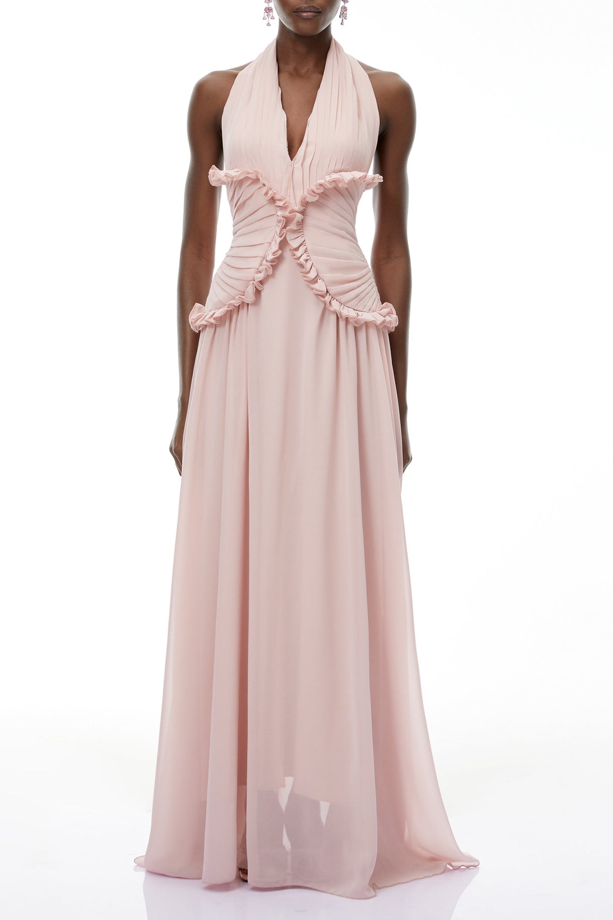 Aurohaya Violeta Pink Halterneck Backless Ruffled Maxi Dress