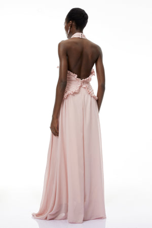 Aurohaya Violeta Pink Halterneck Backless Ruffled Maxi Dress