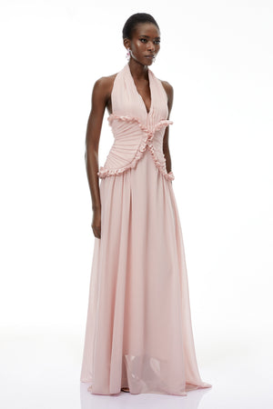 Aurohaya Violeta Pink Halterneck Backless Ruffled Maxi Dress