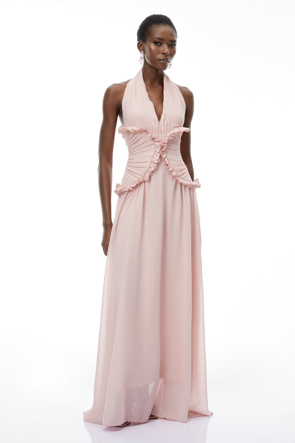 Aurohaya Violeta Pink Halterneck Backless Ruffled Maxi Dress