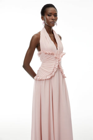 Aurohaya Violeta Pink Halterneck Backless Ruffled Maxi Dress