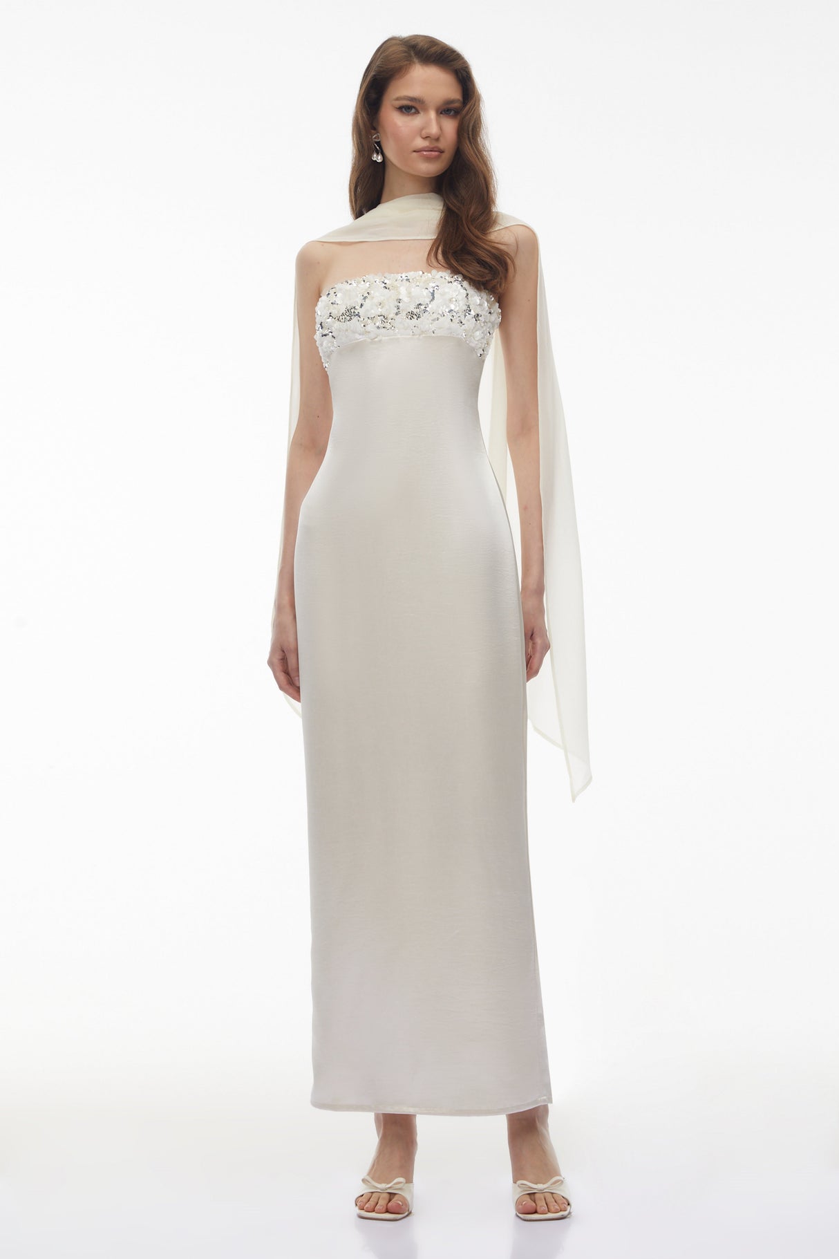 Aurohaya Vivienne White Off Shoulder Sequin Maxi Dress