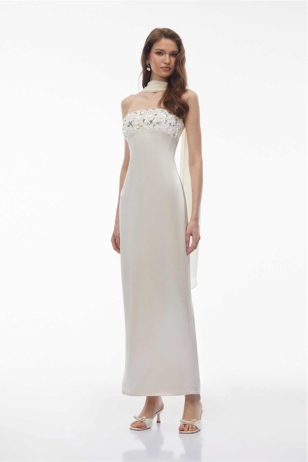 Aurohaya Vivienne White Off Shoulder Sequin Maxi Dress
