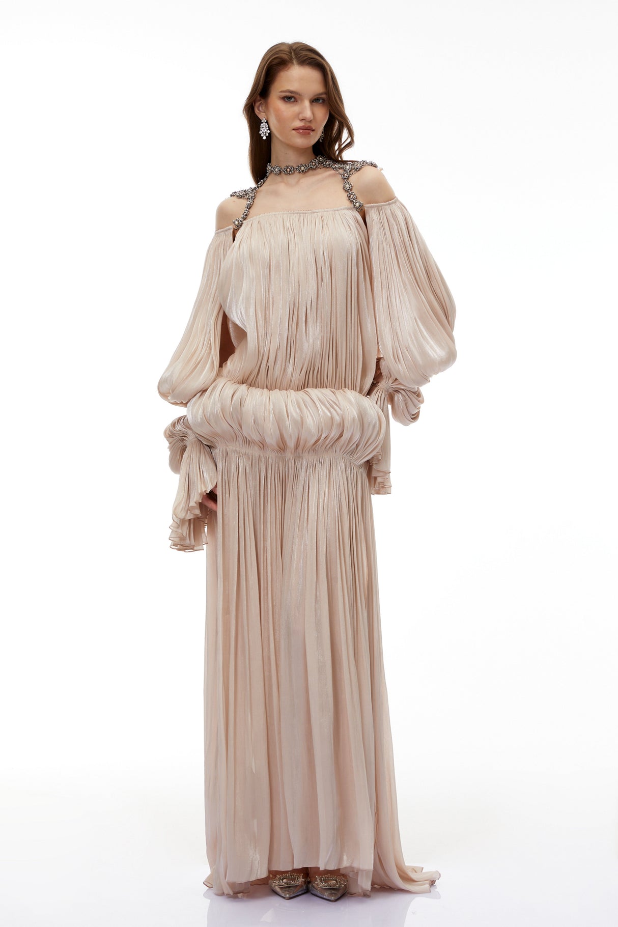 Aurohaya Vlasta Khaki Ruched Bubble Maxi Dress with Chain