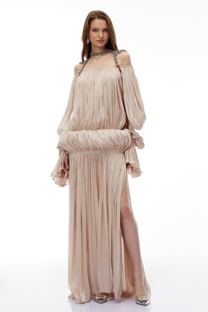Aurohaya Vlasta Khaki Ruched Bubble Maxi Dress with Chain